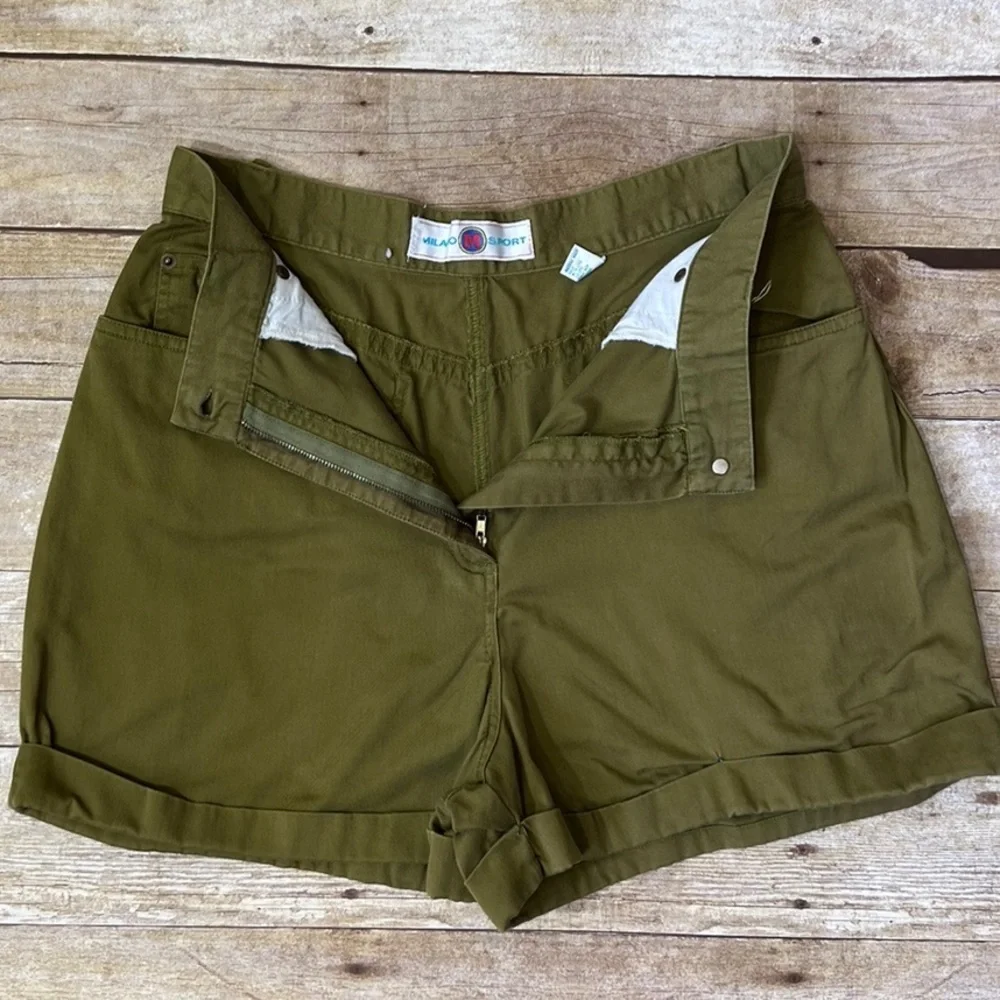 Milano Sport Vintage High Waisted Shorts‎ Olive Green Cuffed Cotton Womens 12